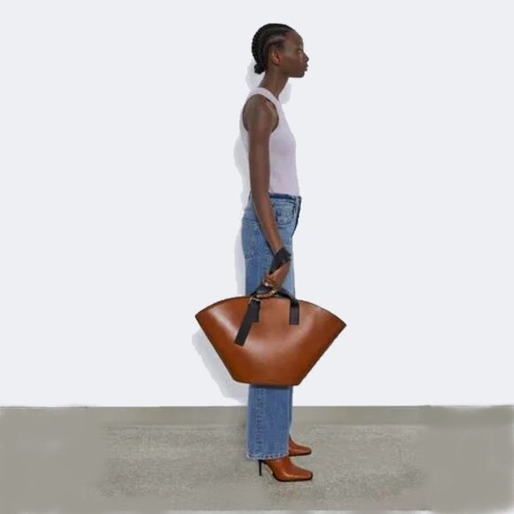 ZARA XXL Leather Bucket Tote Brown with Black Handles - Picture 3 of 16